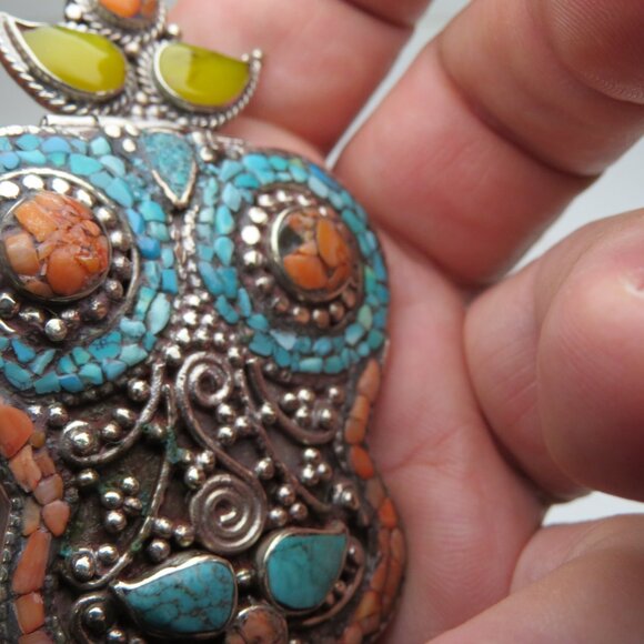 *925 Silver Antique Tibetan Coral Turquoise Pendant - Picture 6 of 8
